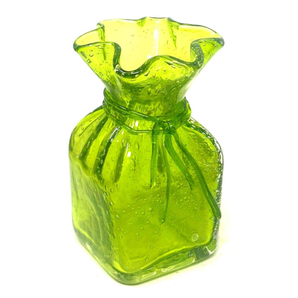Vintage Art Glass Vase Hand Blown Apple Green Bubble Paper Bag Ribbon Ruffle